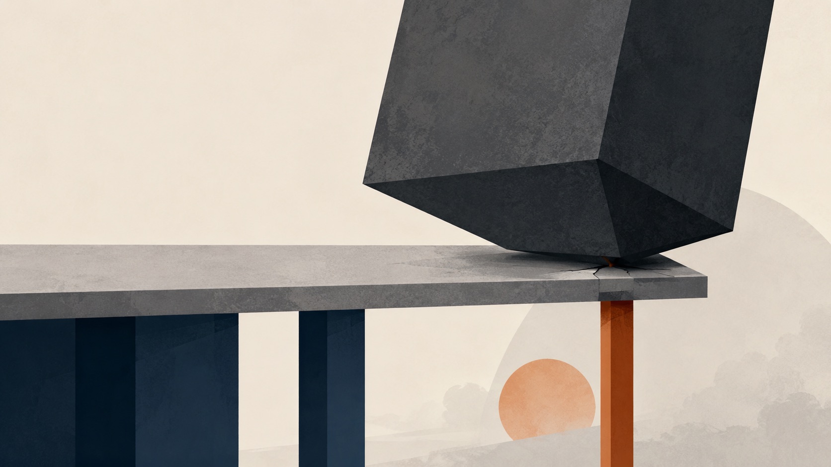 Conceptual illustration: an oversized block bears down on a single pillar of a platform, cracking the load-bearing point while the rest rests on empty space — concentration risk as a single point of support. AI-generated image (Gemini).