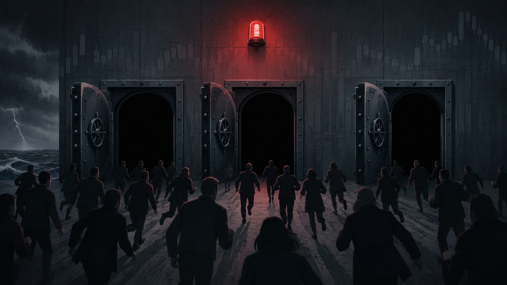 Conceptual illustration: a financial-noir scene in which three heavy vault doors stand open onto empty darkness while a faceless crowd rushes toward them in panic under a red alarm light; a storm and lightning to the left, faint candlestick texture on the wall — evoking three safe havens (gold, long bonds, digital gold) all coming up empty at once when fear hits. AI-generated image (Google Gemini).