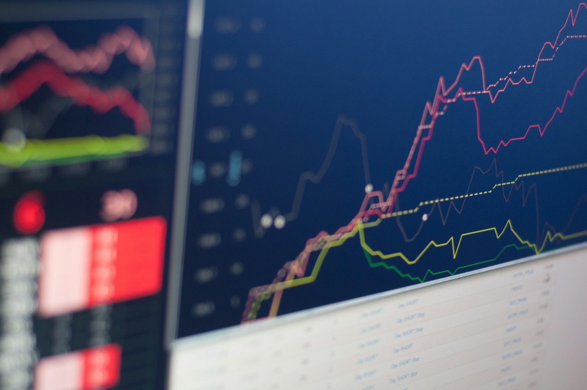 Shallow-focus photograph of two trading monitors during a live session: price line charts and quote panels glowing in both red and green, with a blurred red quote board in the foreground. Photo by Nicholas Cappello (Unsplash).