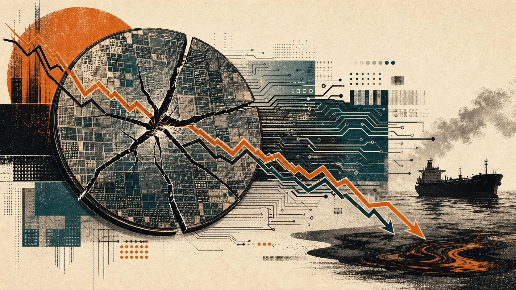 AI-generated editorial illustration of a fractured silicon wafer, falling price lines, and a distant oil tanker representing the global chip selloff and oil pressure