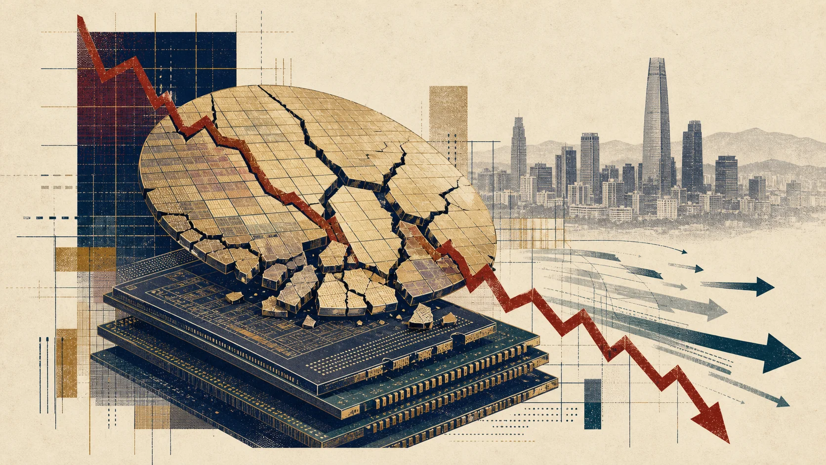 AI-generated editorial illustration: a fractured gold semiconductor wafer rests on stacked memory chips before a Seoul skyline, while a red market line falls through the cracks and dark-blue arrows scatter outward. Conceptual image, not an actual market chart and not drawn to data scale.