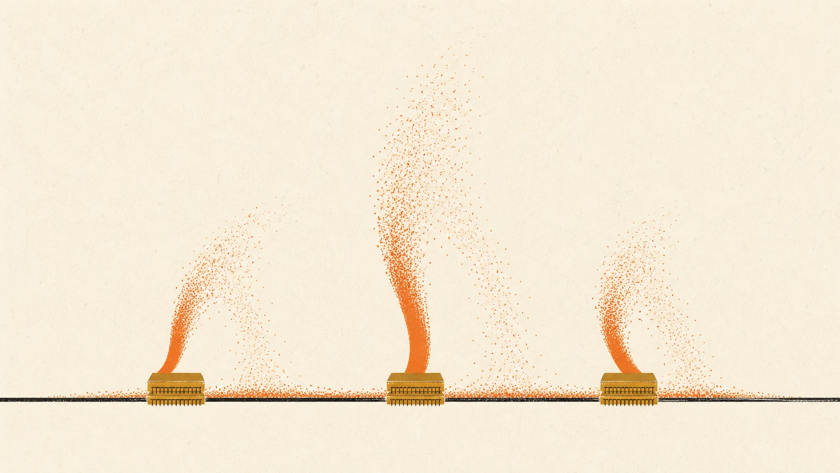AI-generated editorial illustration: on a warm paper ground, a horizontal ink rule carries three brass-coloured chip bases, each sending up an orange stroke; every stroke curves to the right as it rises and disintegrates into drifting particles that fall back to the rule, the centre one tallest and most completely dissolved, leaving nothing standing above the line. Conceptual image, not an actual market chart and not drawn to data scale.
