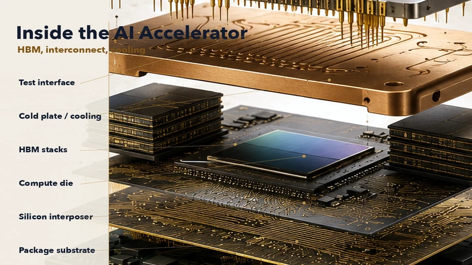 AI accelerator package diagram showing HBM stacks, compute die, silicon interposer, package substrate, and cooling